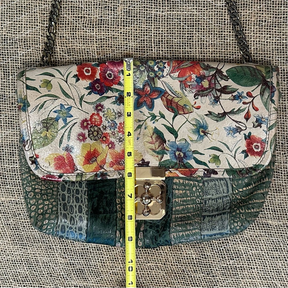 Floral & Green Leather Crossbody Bag Purse Satchel Art to Wear Boho Lagenlook - Picture 10 of 14